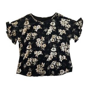 Gold Floral Foil Mesh Top Plus Size 2X 3X Black Flutter Sleeve Whimsigoth Party